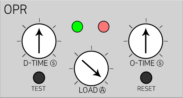TANGENT KOREA OPR faceplate with D-TIME, LOAD and O-TIME dials, indicator lamps, TEST and RESET buttons.